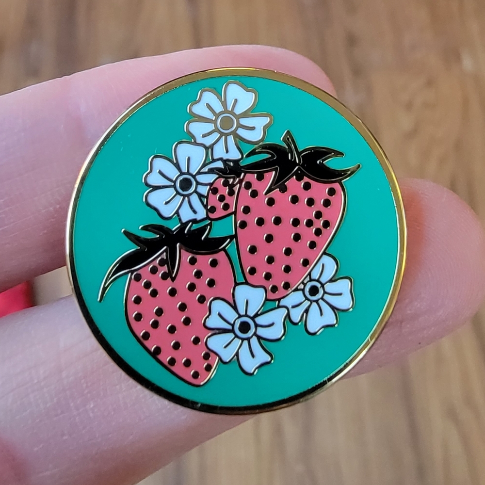 Strawberry Lover Blossoms Round Hard Enamel Pin
